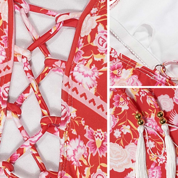 Floral Lace-Up & Tassels Swimsuit - Picture 6 of 8